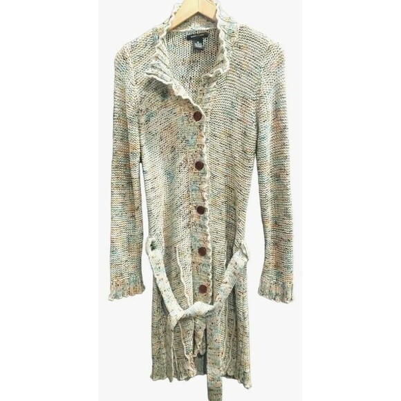 BCBG  Cardigan Womens Medium Tan Multicolor Textured Button Belted - Picture 1 of 9